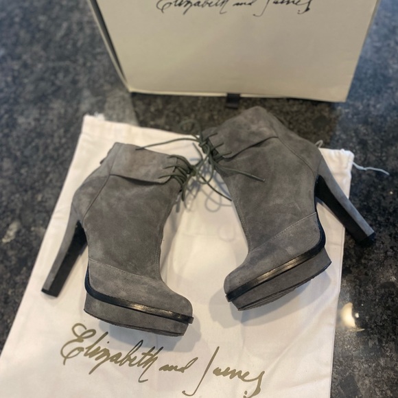 Elizabeth & James Suede Heather grey and black trim high Heel boots lace up  top - Picture 7 of 15